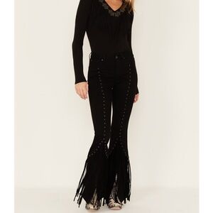 Black Fringe & Embellished High Rise Pants